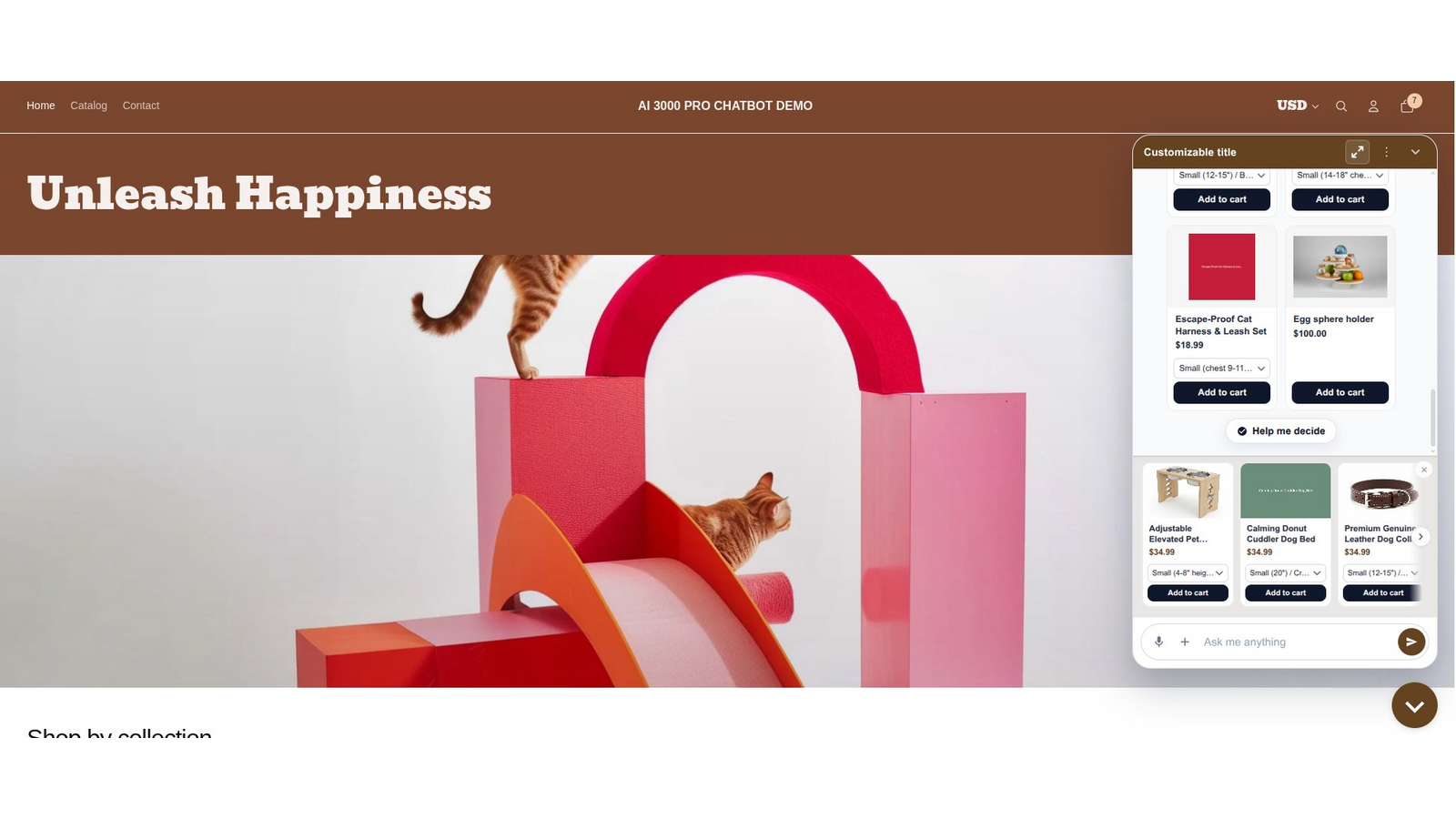 AI chat with product cards, add to cart, and Help Me Decide